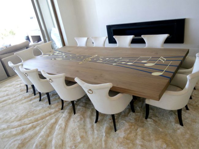 Custom Opus Harker Dining Table with epoxy inlays and brass note
