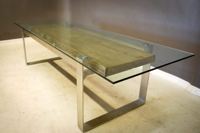 Custom Cellar Table with Glass Top and Metal Base